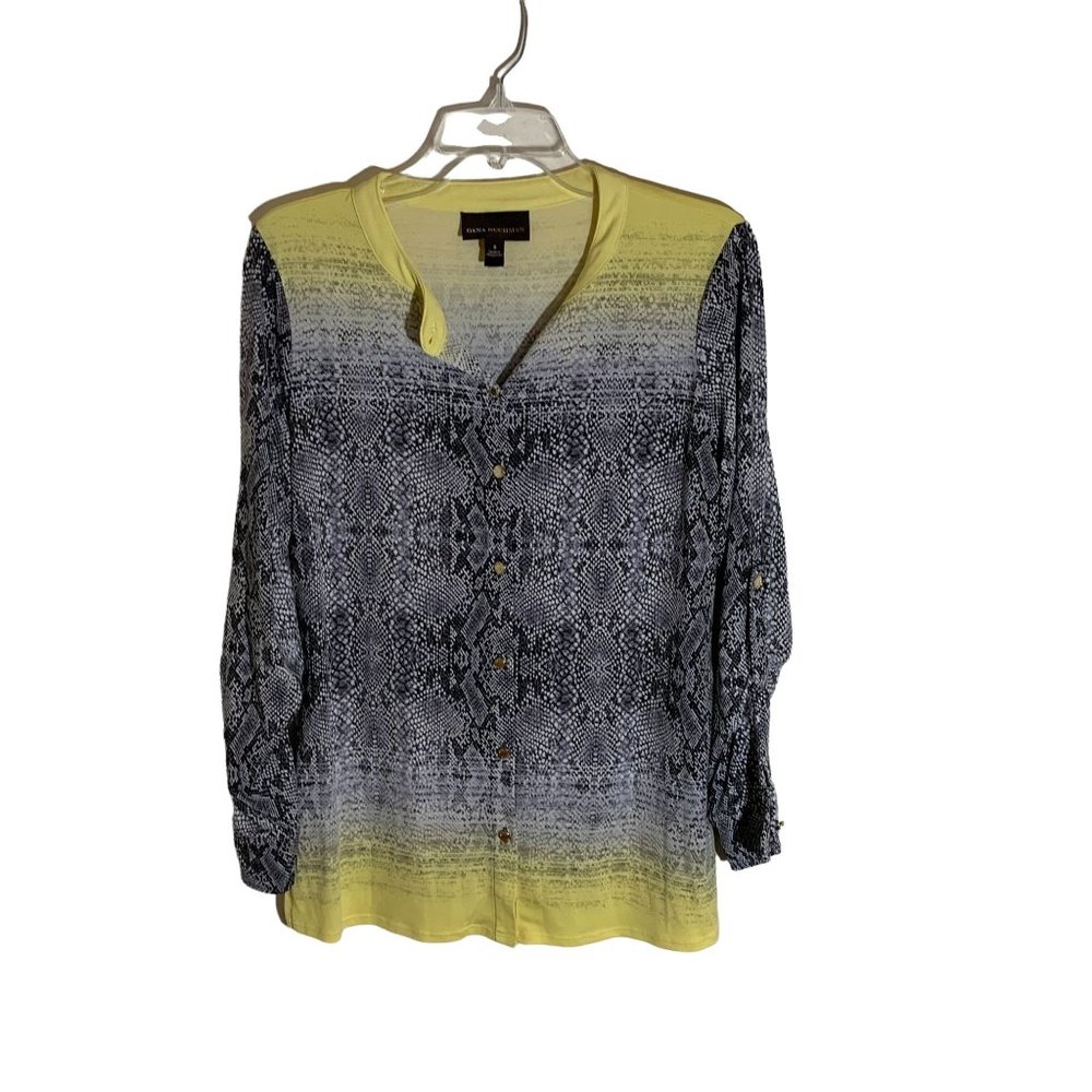 Dana Buchman Blue/Yellow Faux Snakeskin Button Up Women's Top Size S